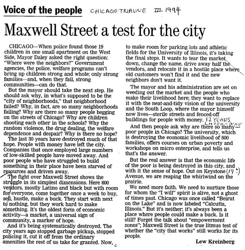 Lew Kreinberg on need to preserve Maxwell Street, Chicago, as a  neighborhood, 1994
