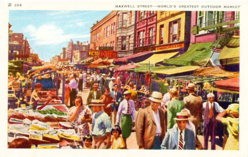 "Maxwell Street-World's Greatest Outdoor Market" Chicago vintage postcard view on chicagosee.com