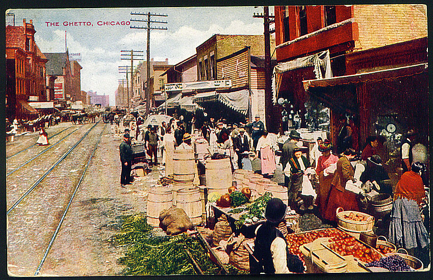 "The Ghetto" (Jewish), Chicago, Maxwell Street vintage postcard on chicagosee.com