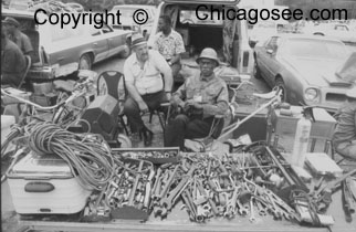 Tool salesmen on Maxwell Street Chicago, 1981